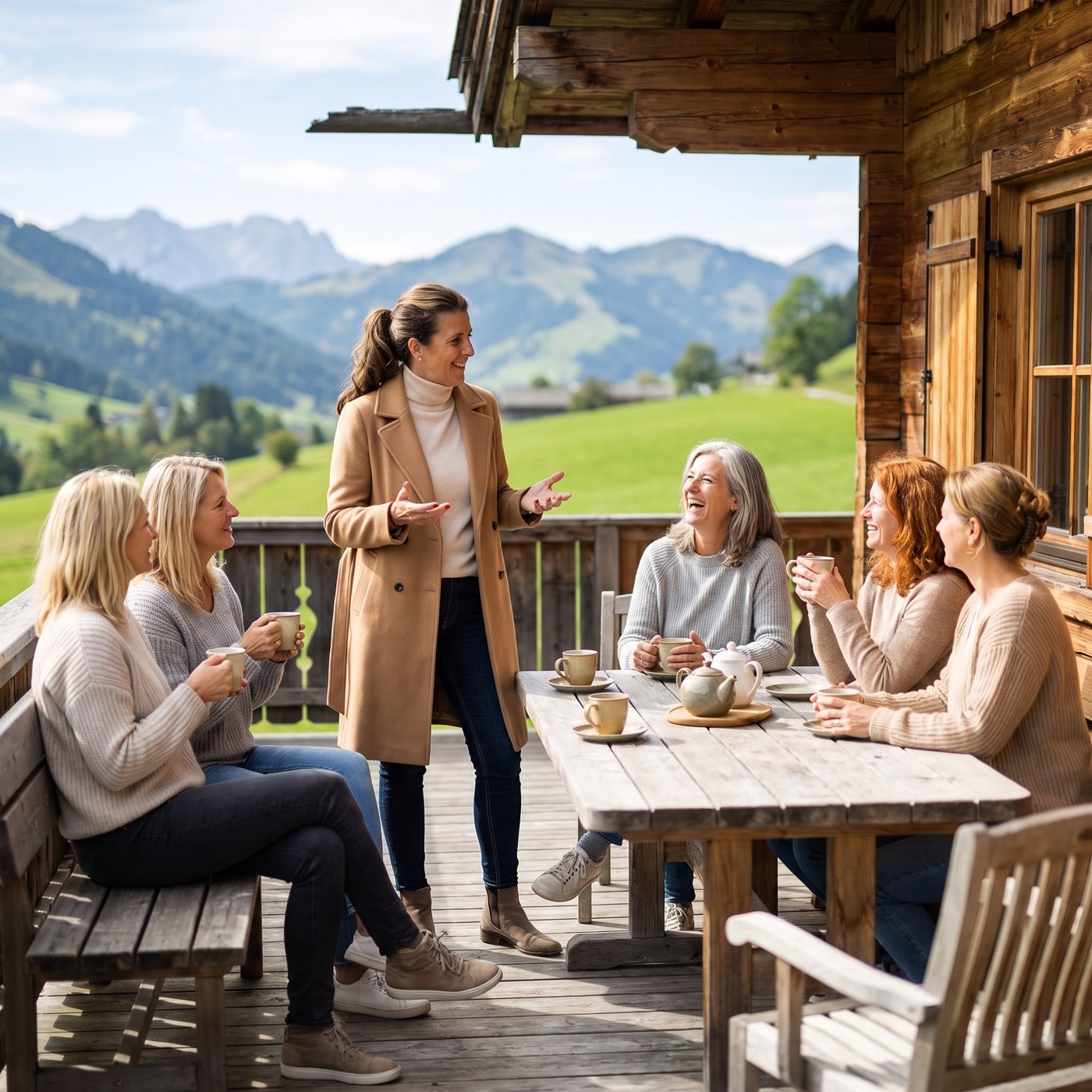 Martina Egger-Kofler im Gespräch mit Frauen bei einem Retreat in den Alpen