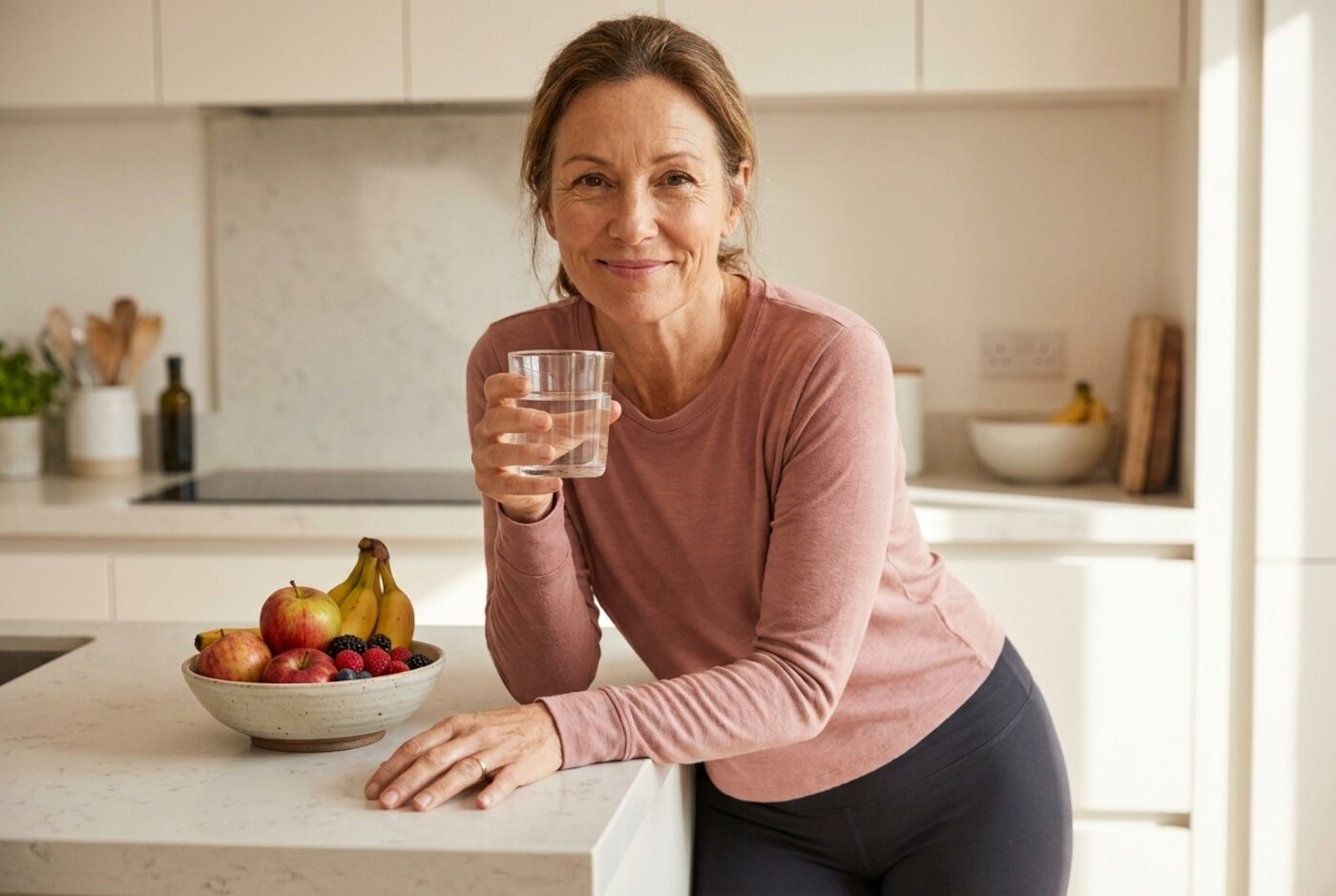 Frau um die 50 bereitet in heller Küche eine frische Mahlzeit zu