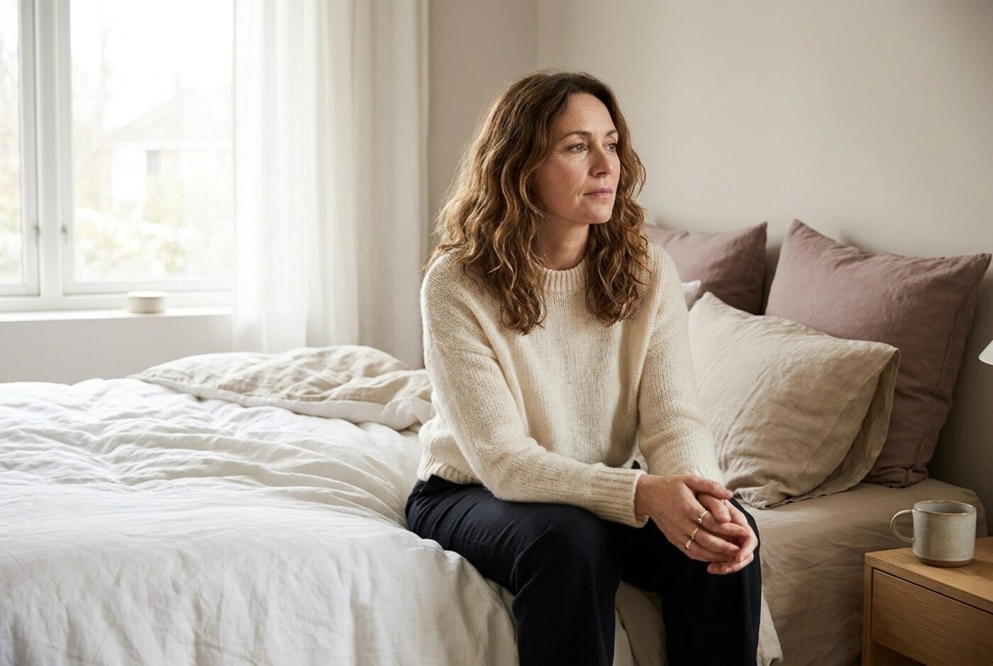 Frau liegt am frühen Morgen wach im Bett